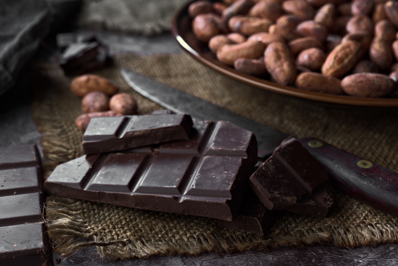 Stücke von Schokolade und Kakaosamen